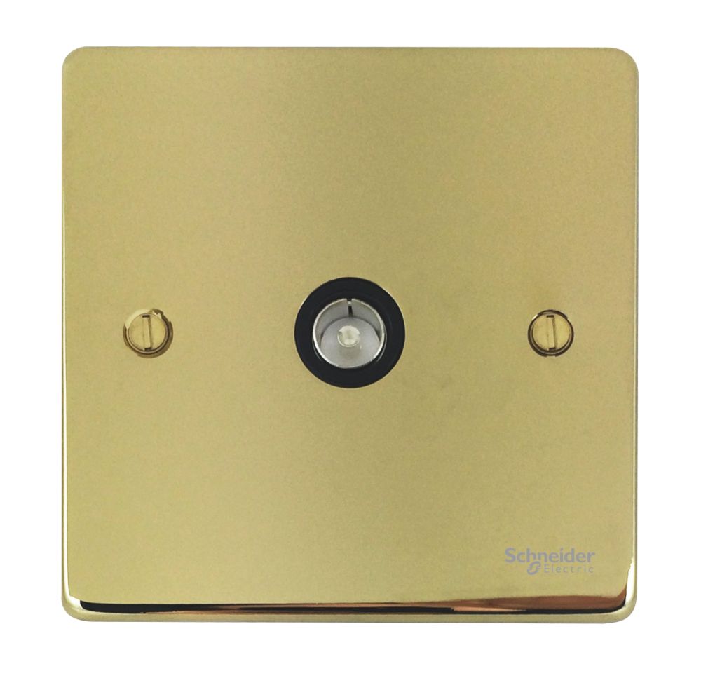 Schneider Electric Ultimate Low Profile Coaxial TV Socket Polished Brass with Black Inserts