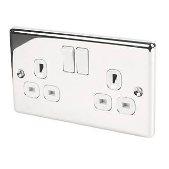 BRAND NEW LAP 13A 2-GANG  DP SWITCHED PLUG SOCKET POLISHED CHROME  WHITE INSERT 