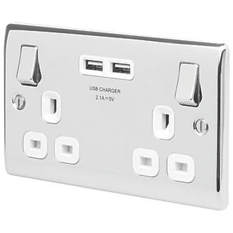 Wall Plug Socket with USB 2 Way 13A Tablet Phone Charger Chrome with White 