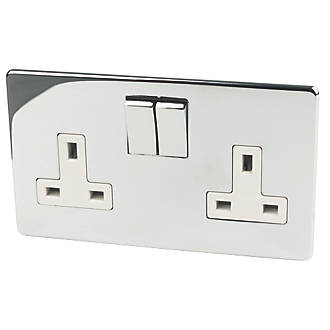 BRAND NEW LAP 13A 2-GANG DP SWITCHED PLUG SOCKET POLISHED CHROME WHITE INSE 