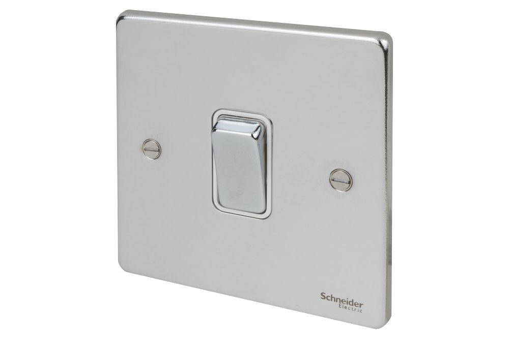Schneider Electric Ultimate Low Profile 16ax 1 Gang 2 Way Light Switch Polished Chrome With White Inserts Switches Sockets Screwfix Com