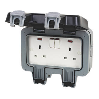 2x Waterproof IP66 2 Gang Switch Weatherproof Outdoor Double Switched Socket 13A 