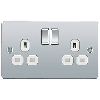 2 GANG 13A DP SWITCHED SOCKET POLISHED CHROME METAL ROCKERS BLK INSERTS 2909CHB 