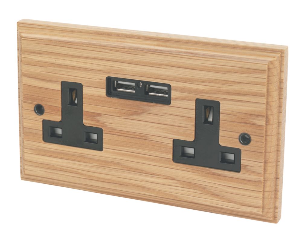 Varilight  13AX 2-Gang Unswitched Socket + 2.1A 10.5W 2-Outlet Type A USB Charger Classic Oak with Black Inserts
