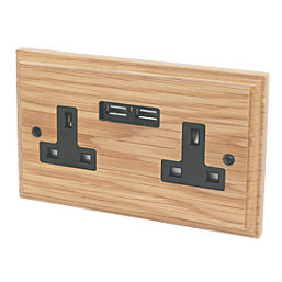 Varilight  13AX 2-Gang Unswitched Socket + 2.1A 2-Outlet Type A USB Charger Classic Oak with Black Inserts