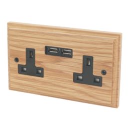 Varilight  13AX 2-Gang Unswitched Socket + 2.1A 10.5W 2-Outlet Type A USB Charger Classic Oak with Black Inserts