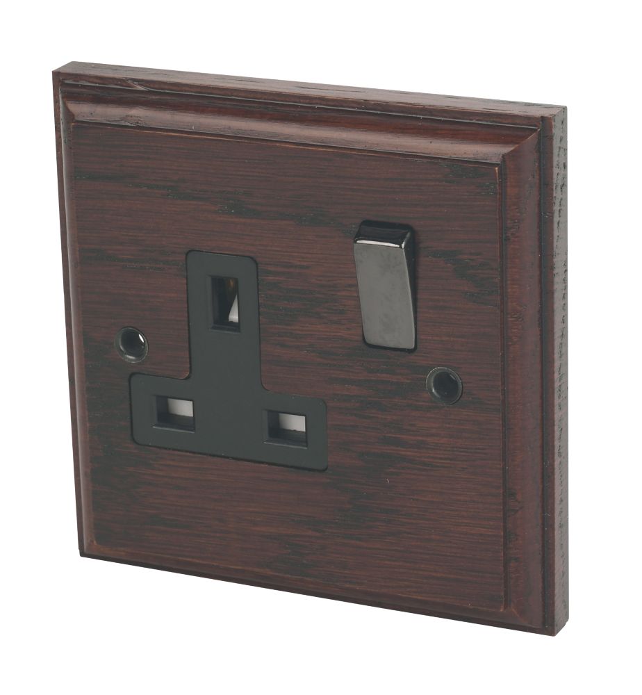 Varilight  13AX 1-Gang DP Switched Plug Socket Dark Oak  with Black Inserts