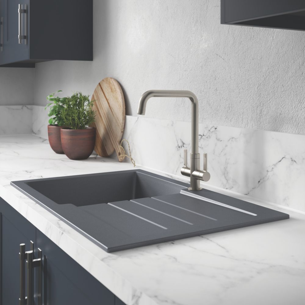 Abode Xcite 1 Bowl Granite Composite Kitchen Sink Grey Metallic Reversible 780mm x 500mm - 3