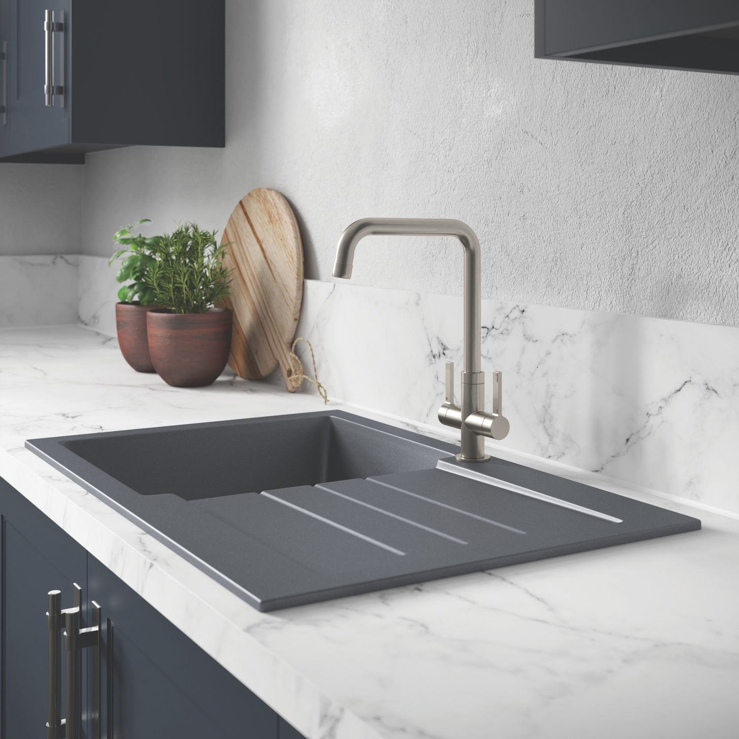 Abode Xcite 1 Bowl Granite Composite Kitchen Sink Grey Metallic Reversible 780mm x 500mm (101PH)