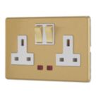 Contactum Lyric 13A 2-Gang DP Switched Socket Outlet Brushed Brass with Neon with White Inserts