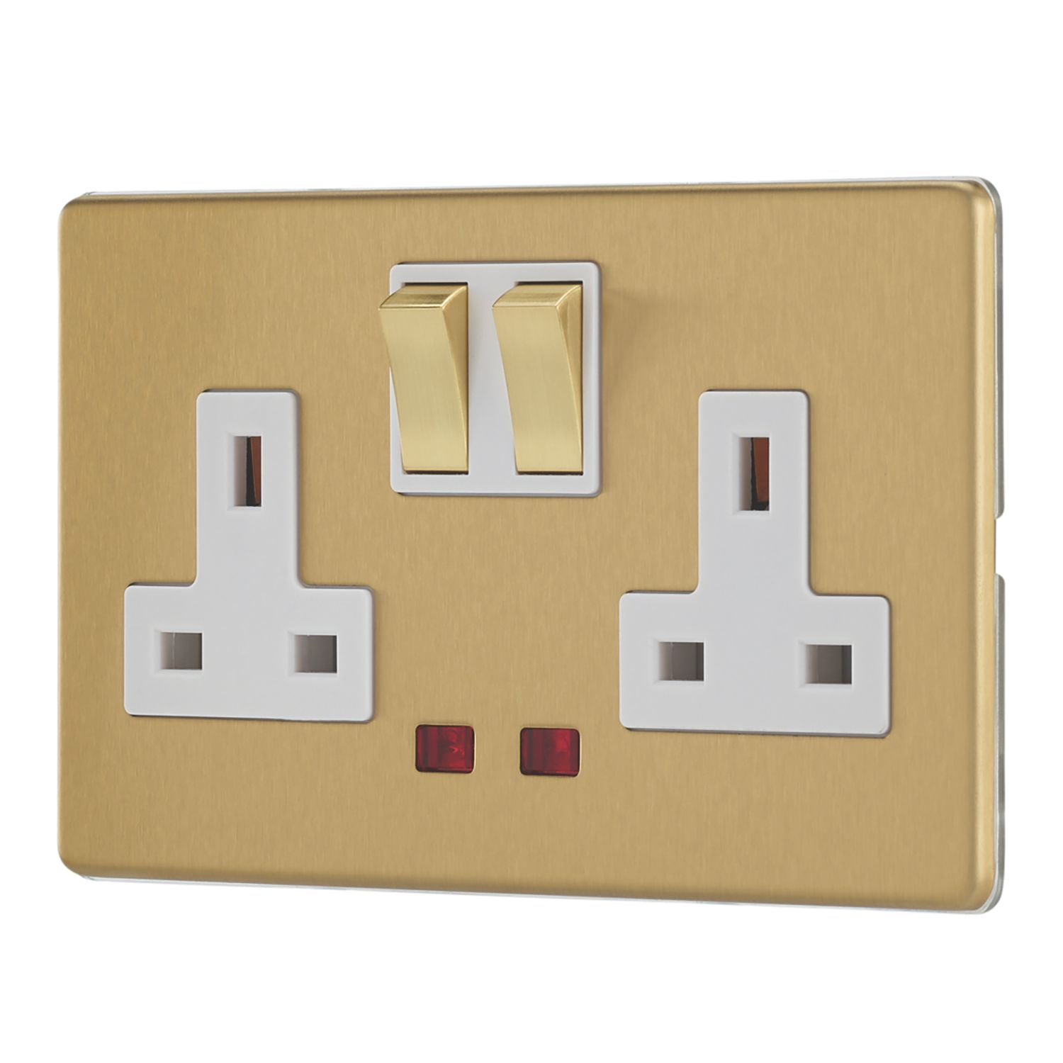 Contactum Lyric 13A 2-Gang DP Switched Socket Outlet Brushed Brass with Neon with White Inserts (101RP)