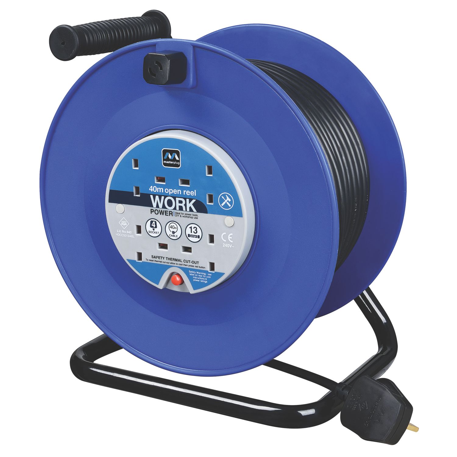 Masterplug Work Power 13A 4-Gang 40m Large Plastic Open Reel 240V (103XF)