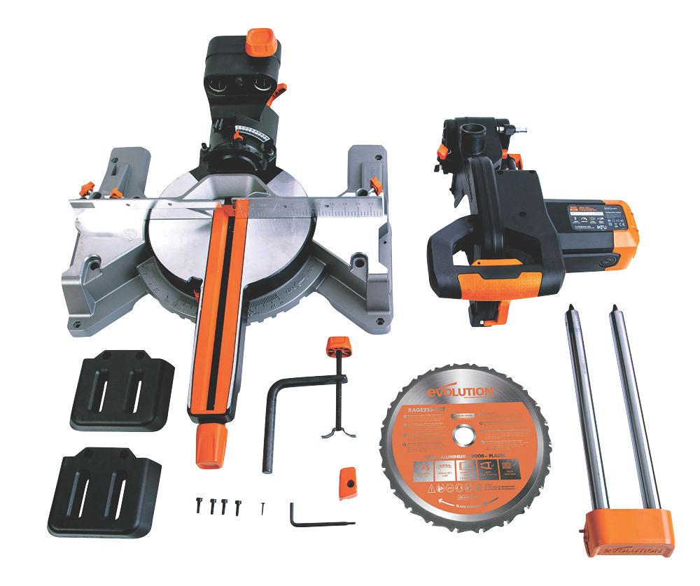 Evolution Power Tools R255SMS 10-Inch Sliding Miter Saw Multi-Material,  Multi-Purpose Cutting Cuts Metal, Plastic, Wood & More 0˚ - 45˚ Bevel Tilt  