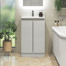 Newland  Double Door Floor Standing Vanity Unit with Basin Matt Pearl Grey 500mm x 450mm x 840mm