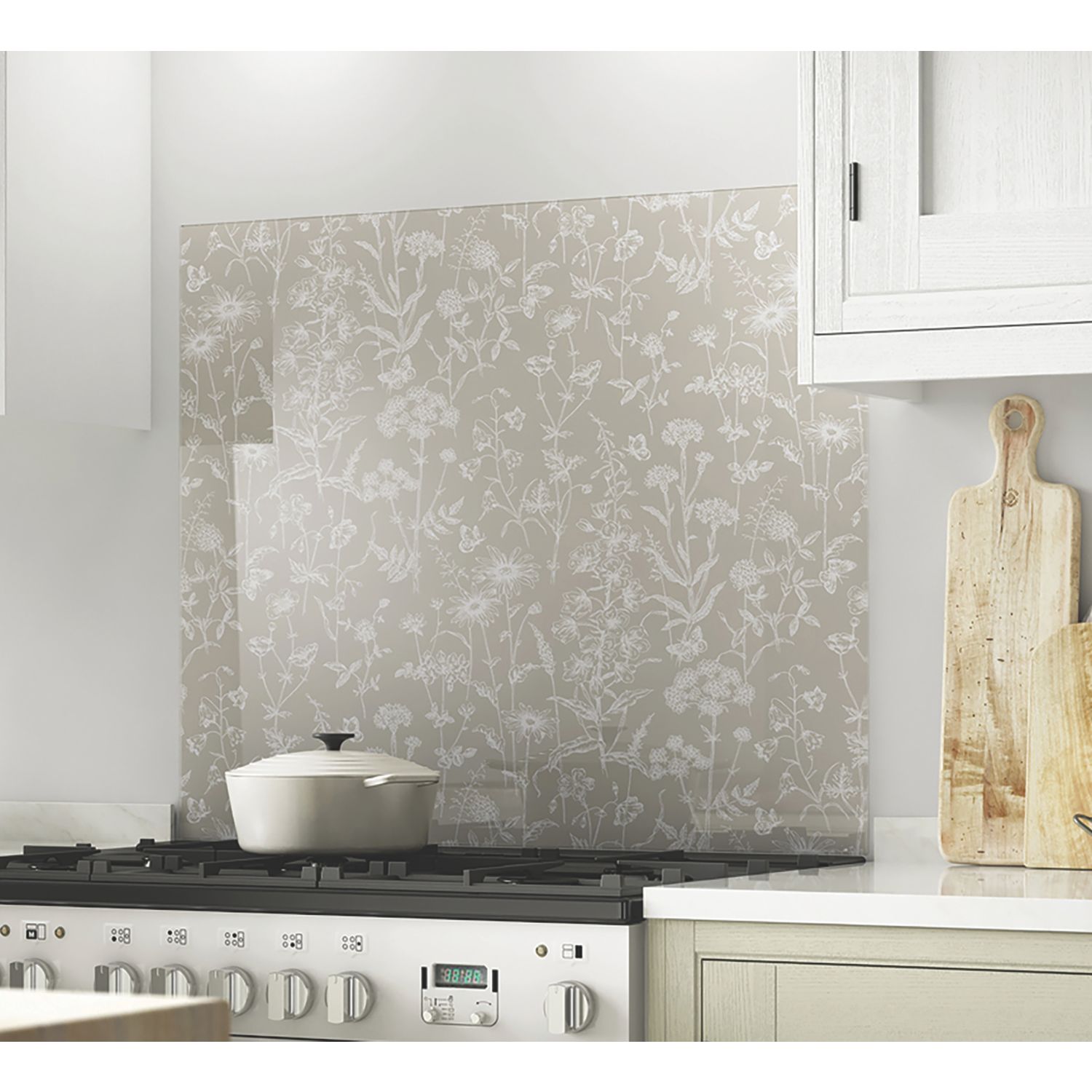 Laura Ashley Lisette Flint Self-Adhesive Glass Kitchen Splashback 600mm x 750mm x 6mm (107RX)