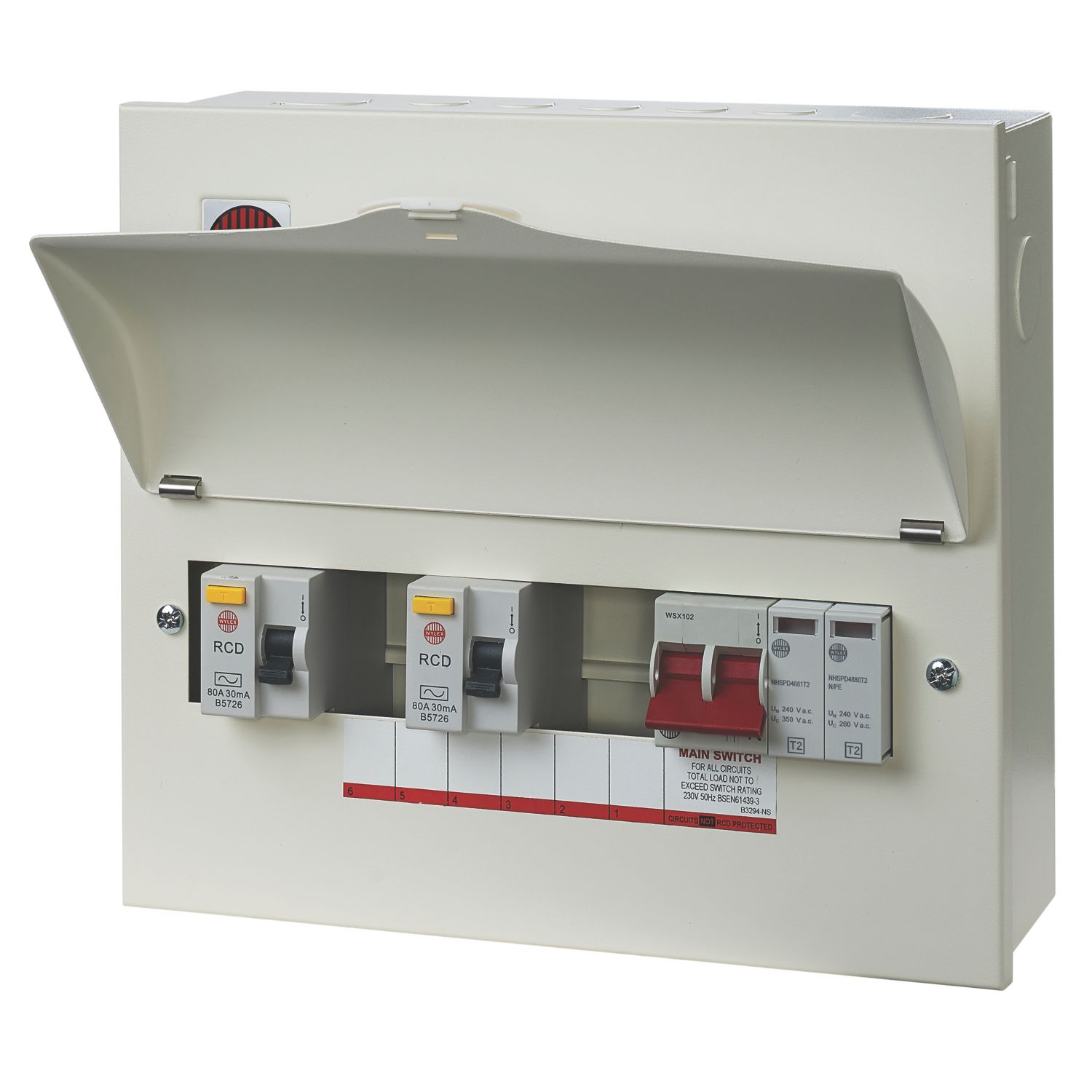 Wylex 13-Module 5-Way Part-Populated Dual RCD Consumer Unit with SPD (108HV)