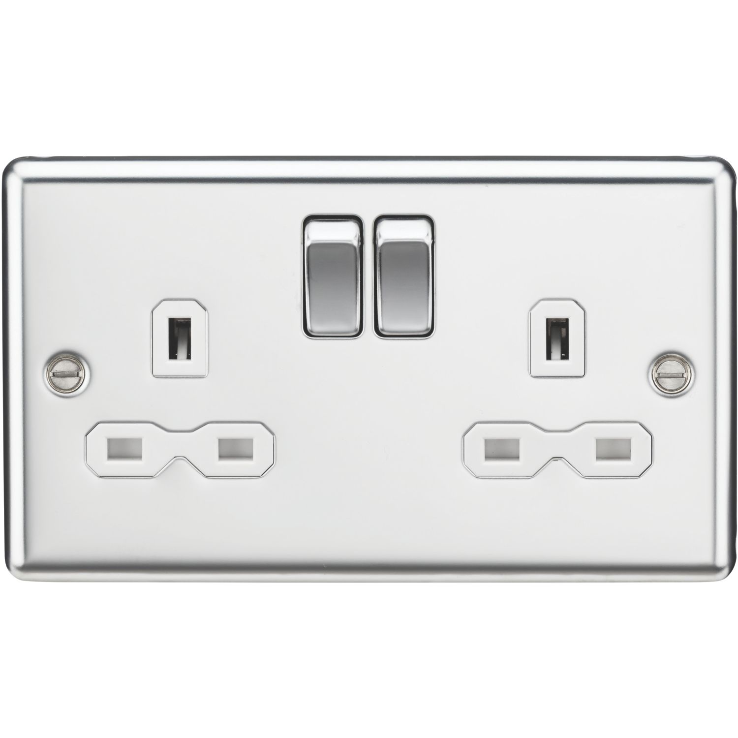 Knightsbridge 13A 2-Gang DP Switched Double Socket Polished Chrome with White Inserts (109VF)