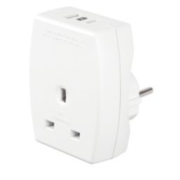 Masterplug Travel Power 13A Unfused Adaptor + 2.1A 10.5W 2-Outlet Type A & C USB Charger White