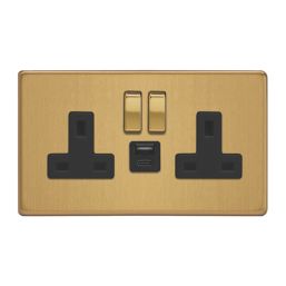 Varilight  13A 2-Gang SP Switched Socket + 4A 20W 2-Outlet Type A & C USB Charger Brushed Brass with Black Inserts