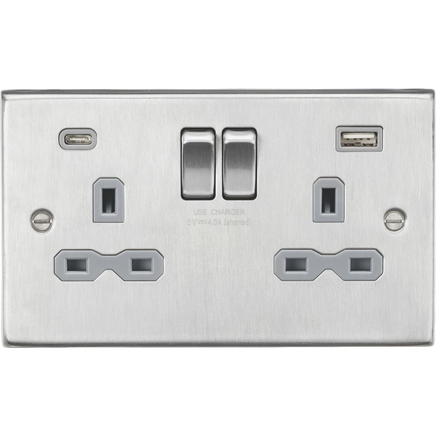Knightsbridge 13A 2-Gang SP Switched Socket + 4.0A 20W 2-Outlet Type A & C USB Charger Brushed Chrome with Grey Inserts (110PY)