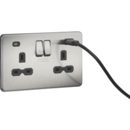 Knightsbridge  13A 2-Gang SP Switched Socket + 4.0A 20W 2-Outlet Type A & C USB Charger Brushed Chrome with Black Inserts