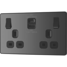 British General Evolve 13A 2-Gang SP Switched Socket + 3A 45W 2-Outlet Type A & C USB Charger Black Chrome with Black Inserts