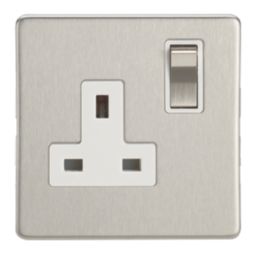 Contactum Lyric 13A 1-Gang DP Switched Socket Outlet Brushed Steel  with White Inserts