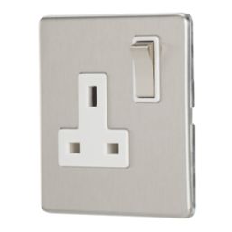 Contactum Lyric 13A 1-Gang DP Switched Socket Outlet Brushed Steel  with White Inserts