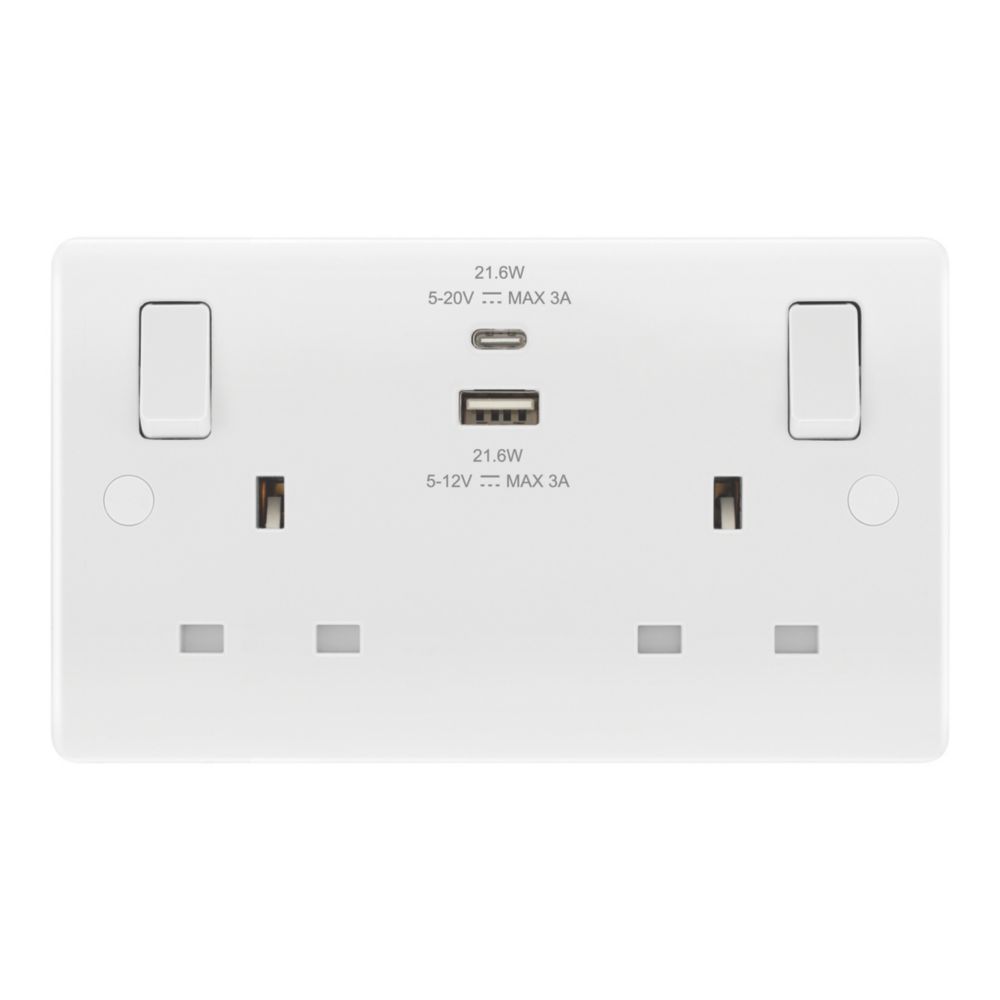 LAP 13A 2-Gang SP Switched Socket + 3A 22W 2-Outlet Type A & C USB Charger White - Free