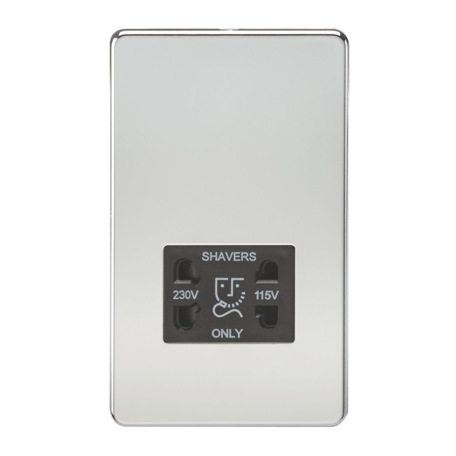 Knightsbridge 2-Gang Dual Voltage Shaver Socket 115 V / 230V Polished Chrome with Black Inserts (113TY)