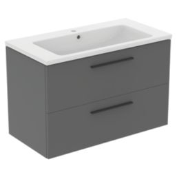 Ideal Standard i.life B Wall Hung Vanity Unit with Black Handles & Basin Matt Quartz Grey 1000mm x 505mm x 630mm