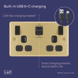 LAP  13A 2-Gang SP Switched Socket + 3A 22W 2-Outlet Type A & C USB Charger Satin Brass with Black Inserts