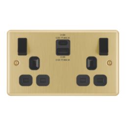 LAP  13A 2-Gang SP Switched Socket + 3A 22W 2-Outlet Type A & C USB Charger Satin Brass with Black Inserts