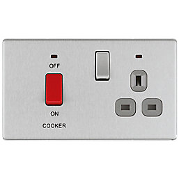 LAP  45A 2-Gang DP Cooker Switch & 13A DP Switched Socket Brushed Stainless Steel with LED with Graphite Inserts