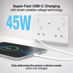 British General Evolve 13A 2-Gang SP Switched Socket + 3.25A 45W 2-Outlet Type C USB Charger Pearlescent White with White Inserts