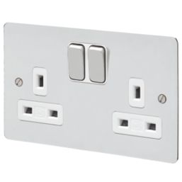 MK Edge 13A 2-Gang DP Switched Plug Socket Polished Chrome  with White Inserts