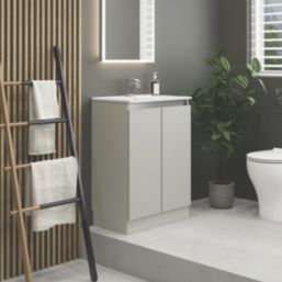 Newland  Double Door Floor Standing Vanity Unit with Basin Matt Pearl Grey 600mm x 370mm x 840mm