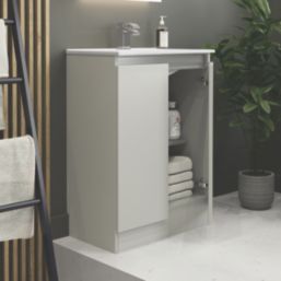 Newland  Double Door Floor Standing Vanity Unit with Basin Matt Pearl Grey 600mm x 370mm x 840mm