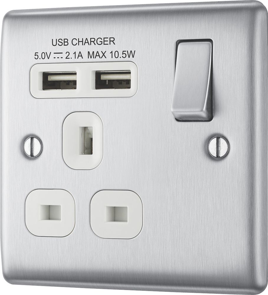 British General Nexus Metal 13A 1-Gang SP Switched Socket + 2.1A 10.5W 2-Outlet Type A USB Charger Brushed Steel with White Inserts