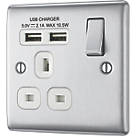 British General Nexus Metal 13A 1-Gang SP Switched Socket + 2.1A 2-Outlet Type A USB Charger Brushed Steel with White Inserts