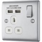 British General Nexus Metal 13A 1-Gang SP Switched Socket + 2.1A 10.5W 2-Outlet Type A USB Charger Brushed Steel with White Inserts