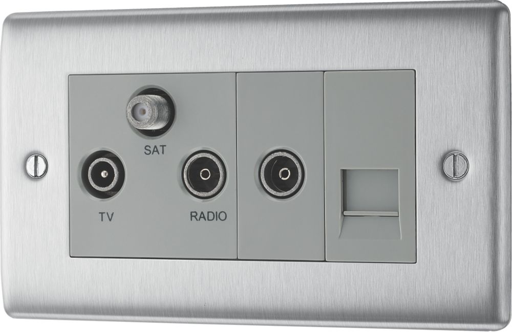 British General Nexus Metal 2-Gang Triplex TV Socket Brushed Steel