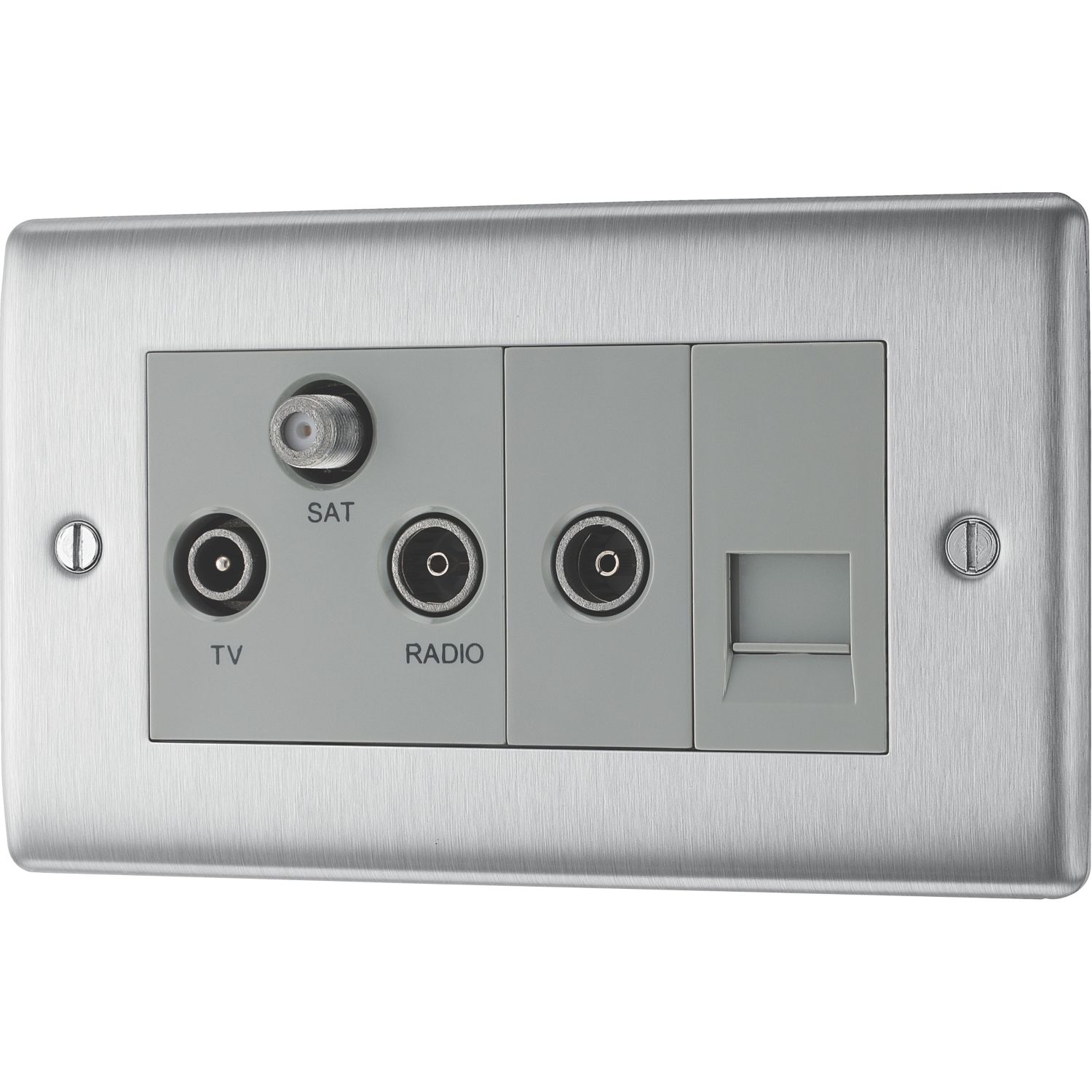 British General Nexus Metal 2-Gang Triplex TV Socket Brushed Steel (123XG)