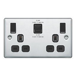 LAP  13A 2-Gang SP Switched Socket + 3A 22W 2-Outlet Type A & C USB Charger Polished Chrome with Black Inserts