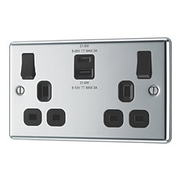LAP  13A 2-Gang SP Switched Socket + 3A 22W 2-Outlet Type A & C USB Charger Polished Chrome with Black Inserts