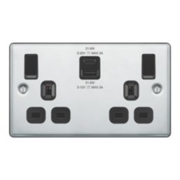 LAP  13A 2-Gang SP Switched Socket + 3A 22W 2-Outlet Type A & C USB Charger Polished Chrome with Black Inserts