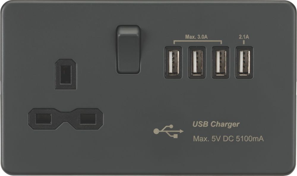 Knightsbridge Sfr7usb4at 13a 1 Gang Sp Switched Socket 51a 4 Outlet Type A Usb Charger 0572