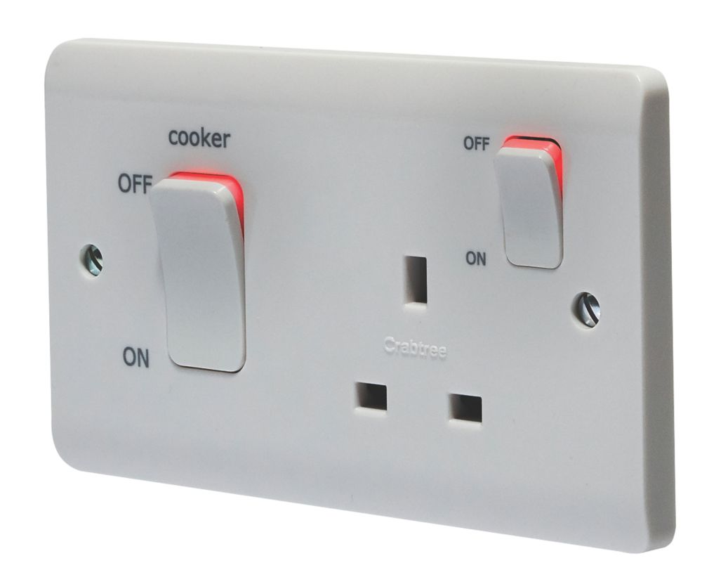 Crabtree Instinct 45A 2-Gang DP Cooker Switch & 13A DP Switched Socket White with LED