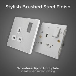 British General Evolve 13A 1-Gang SP Switched Socket Brushed Steel  with White Inserts
