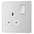British General Evolve 13A 1-Gang SP Switched Socket Brushed Steel  with White Inserts
